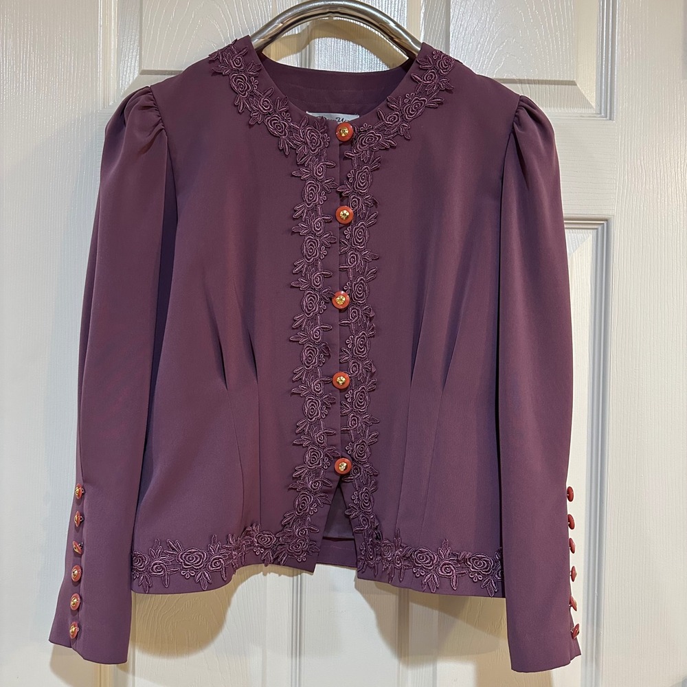Dress Up Refined Ladies Collection Plum Purple Lace Trim Blouse Vintage Style L‎